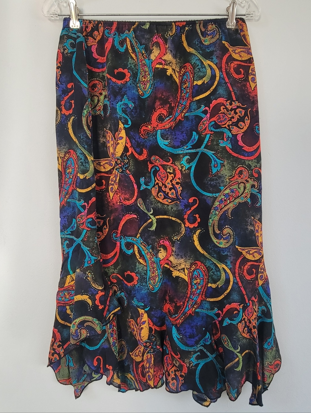 VTG Chico's Midi Silk Asymetrical Women's Skirt Size 1 (6-8) Maximal Eclectic